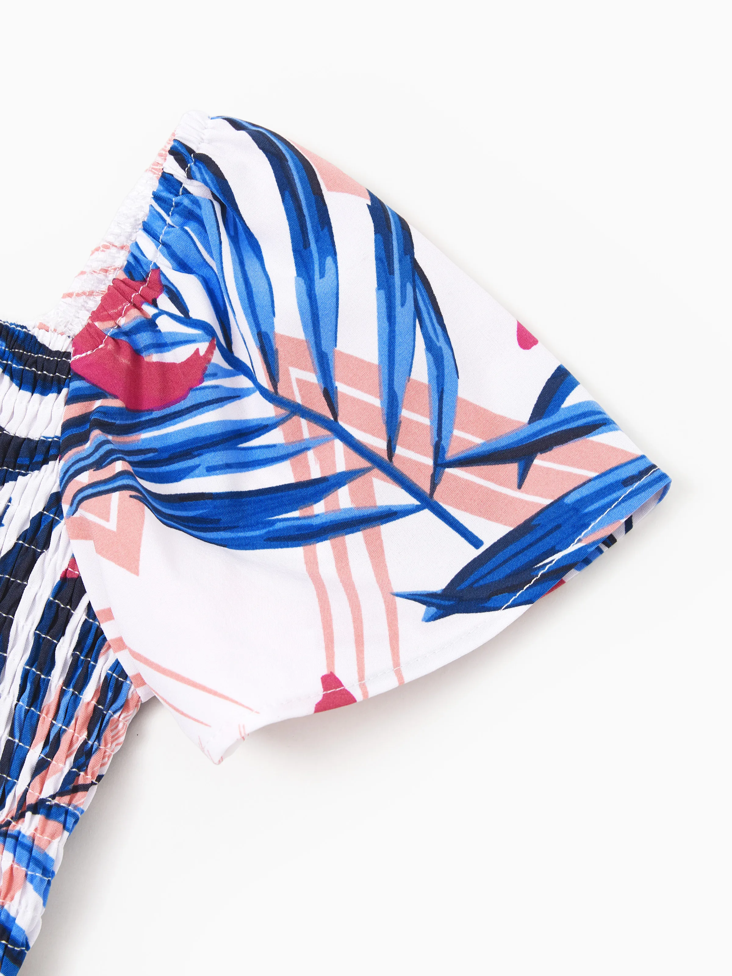 Daddy & Daughter Tropical Floral Outfits Pink Blue Leaf Print Short-sleeve Shirt or One Shoulder Smocked top and Skirt Co-ord Set for Vacation, Cruise, Beach White - Image 12
