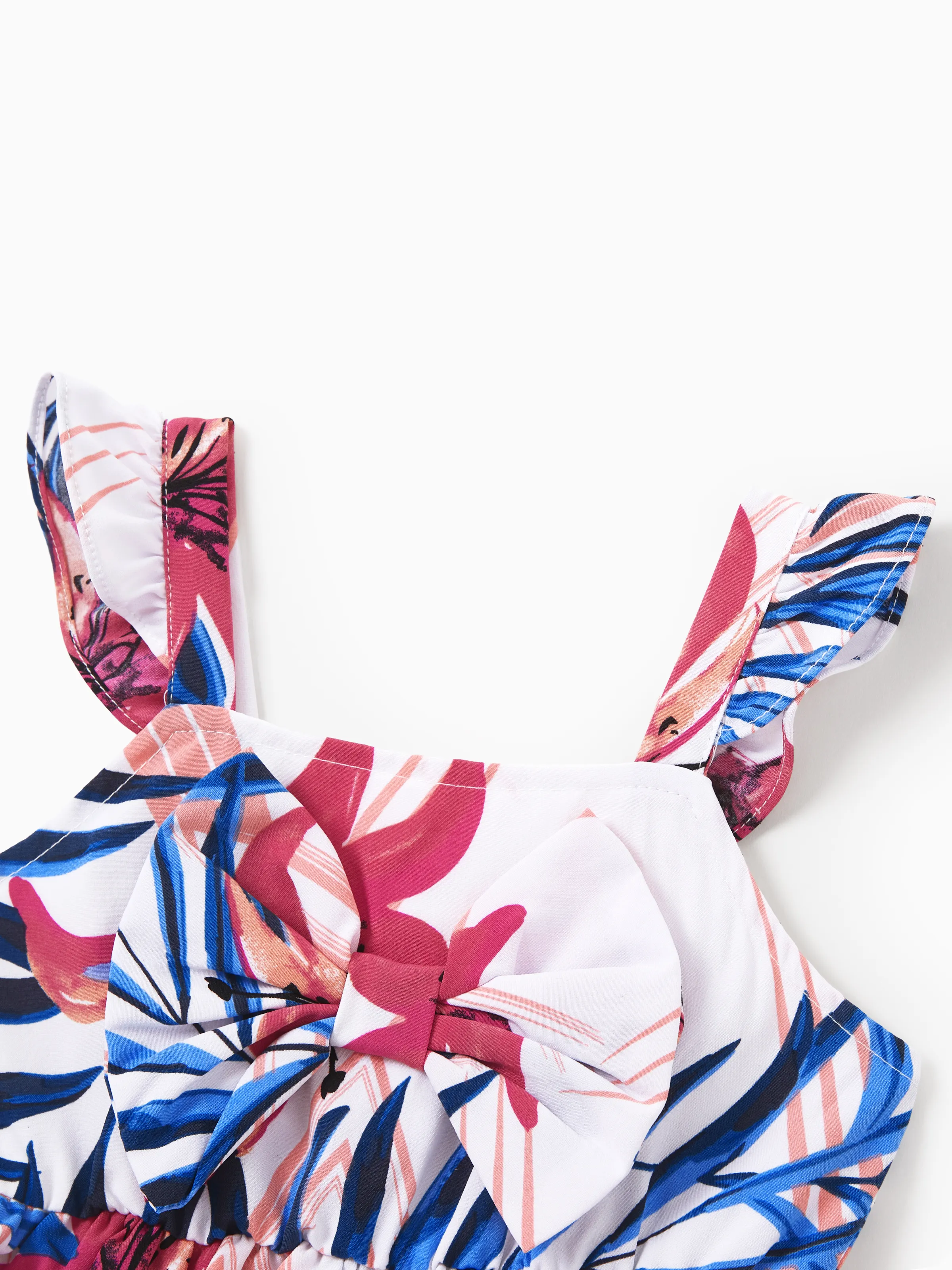 Mommy & me Tropical Floral Outfits Pink Blue Leaf Print Short-sleeve Shirt or One Shoulder Smocked top and Skirt Co-ord Set for Vacation, Cruise, Beach White - Image 17
