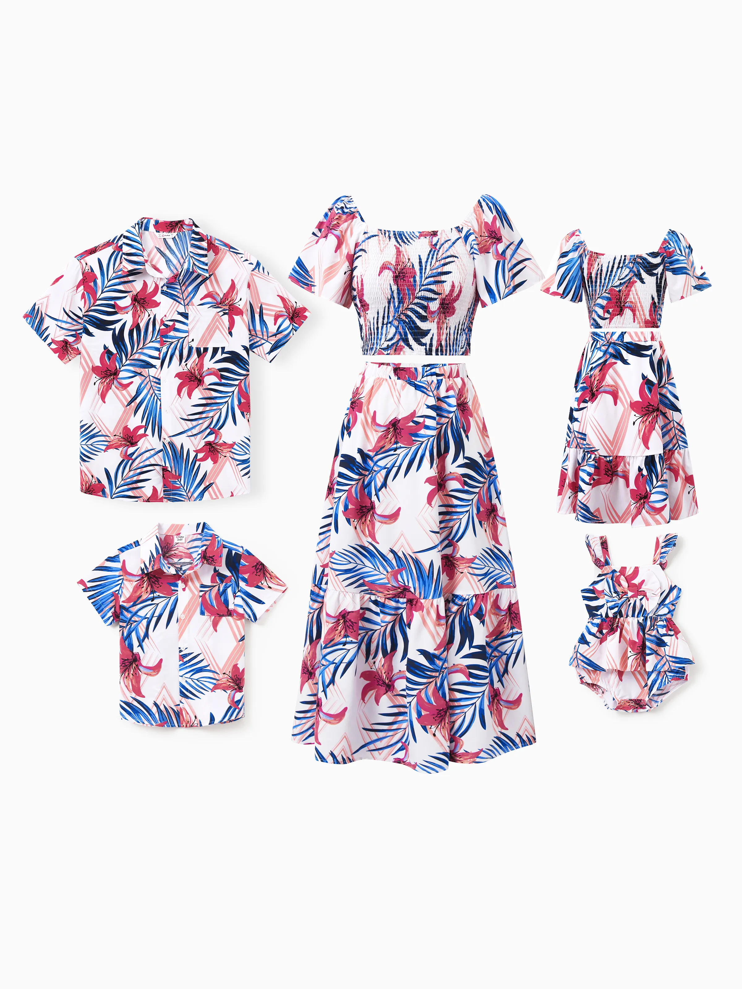 Mommy & me Tropical Floral Outfits Pink Blue Leaf Print Short-sleeve Shirt or One Shoulder Smocked top and Skirt Co-ord Set for Vacation, Cruise, Beach White - Image 2