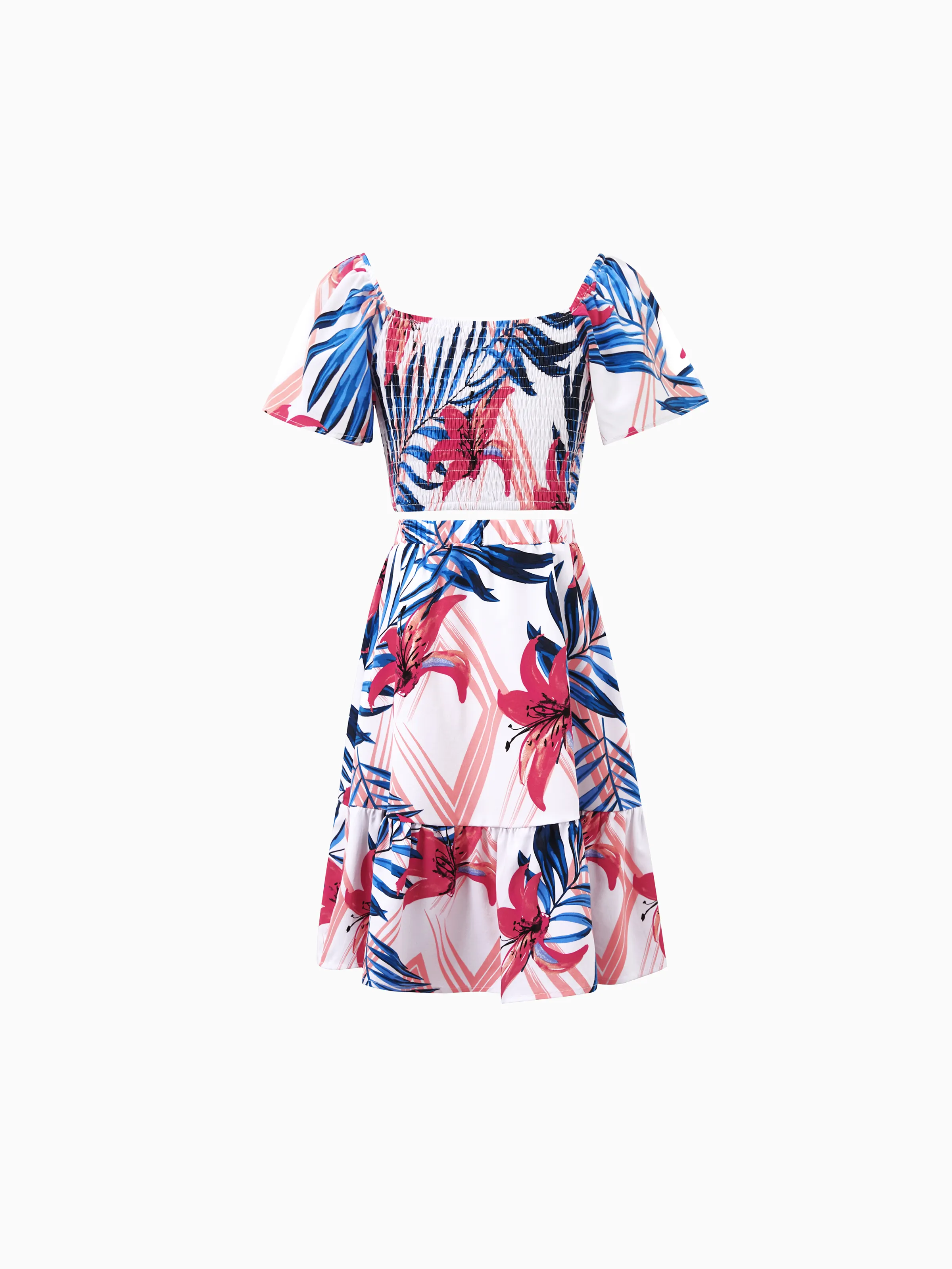 Tropical Floral Toddler/Kid Girl Outfits Pink Blue Leaf Print Short-sleeve Shirt or One Shoulder Smocked top and Skirt Co-ord Set for Vacation, Cruise, Beach White