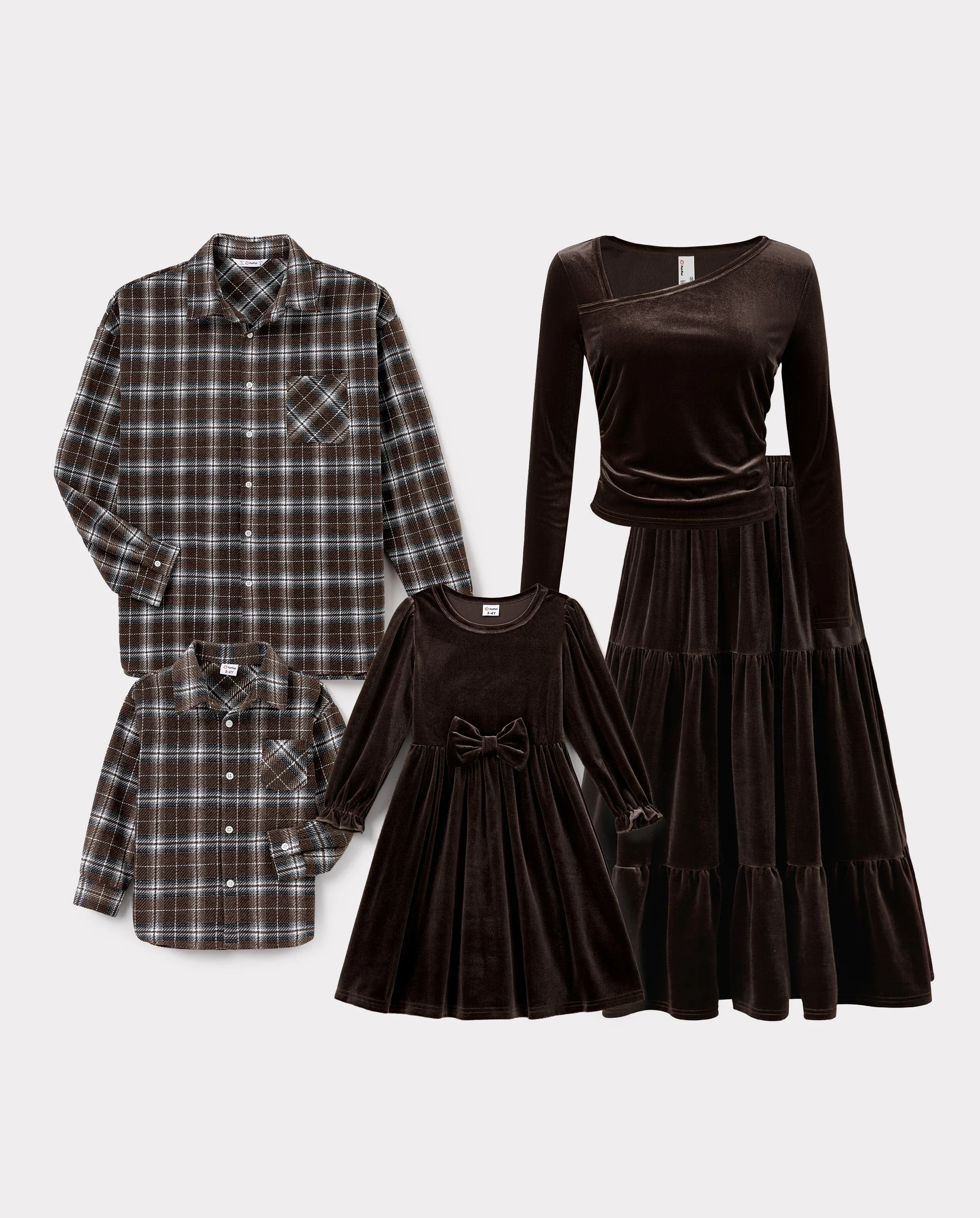 Velvet & Plaid Matching Family Outfits Dad/Son Shirts & Mom/Daughter Velvet Dresses Sets Dark Brown - Image 10