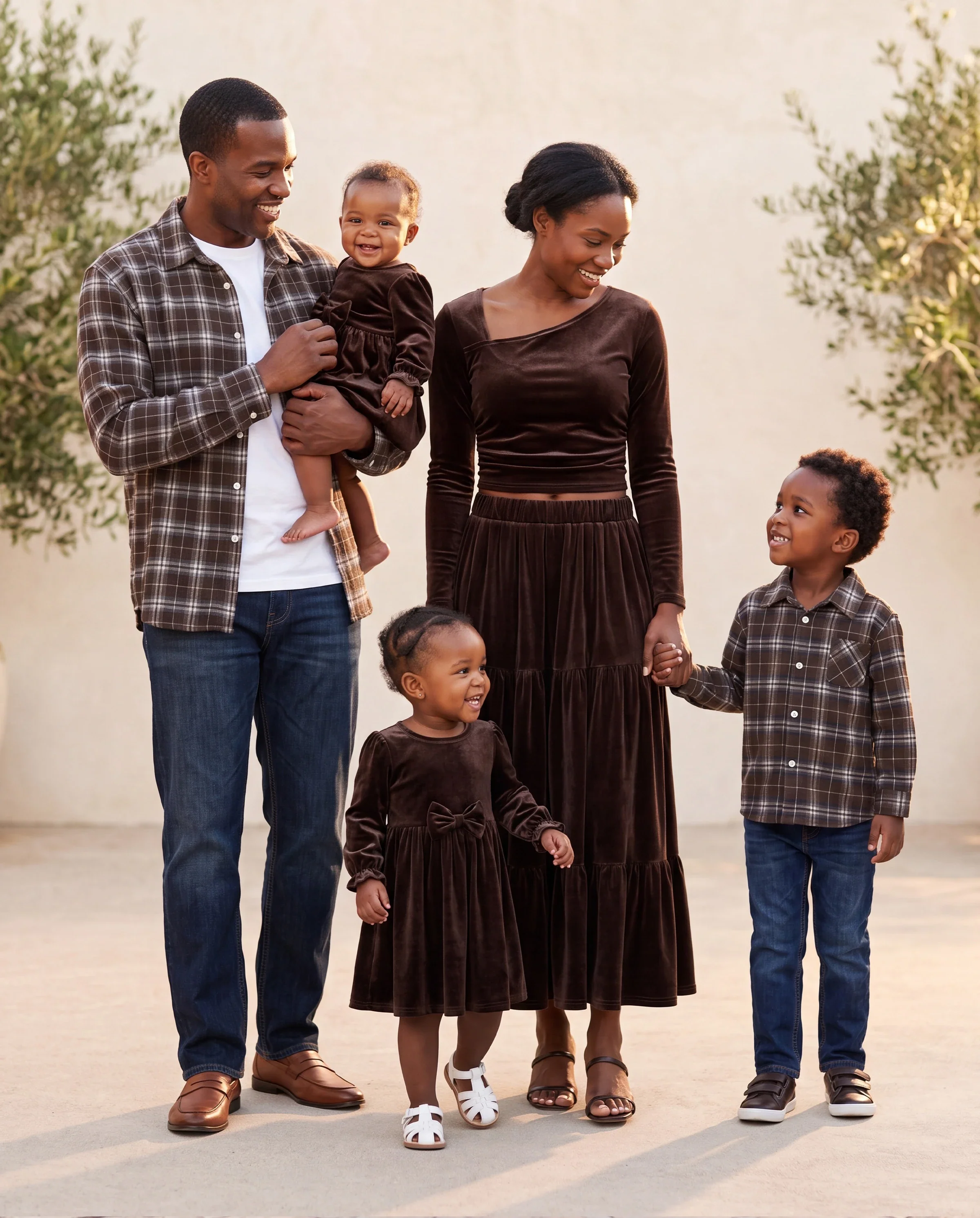 Velvet & Plaid Matching Family Outfits Dad/Son Shirts & Mom/Daughter Velvet Dresses Sets Dark Brown - Image 11